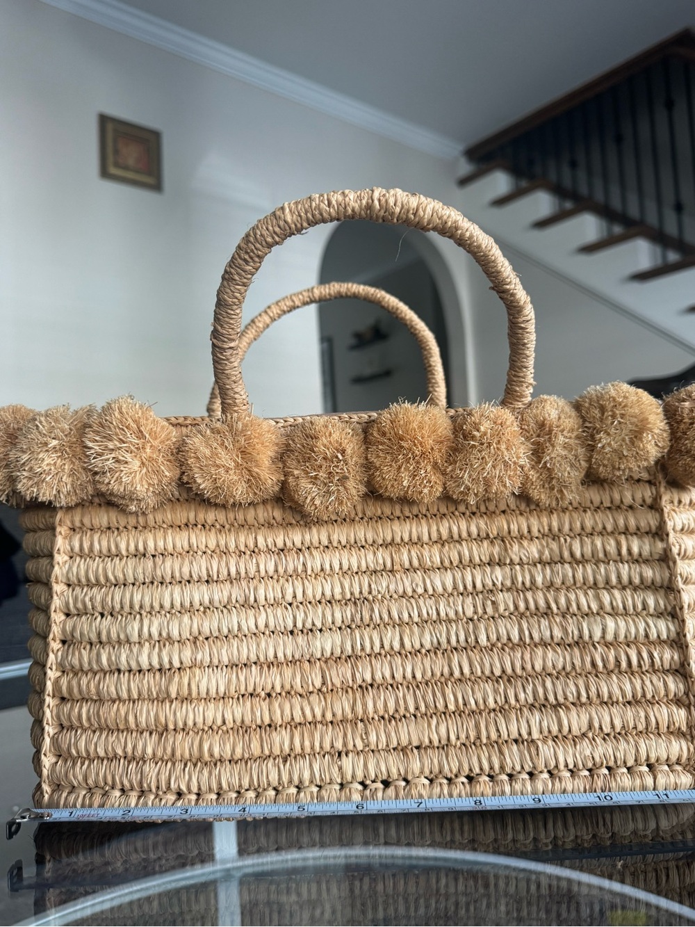 Shebobo Handwoven Pom-Pom Straw Tote Bag in Natural Handmade Madagascar+ Clatch